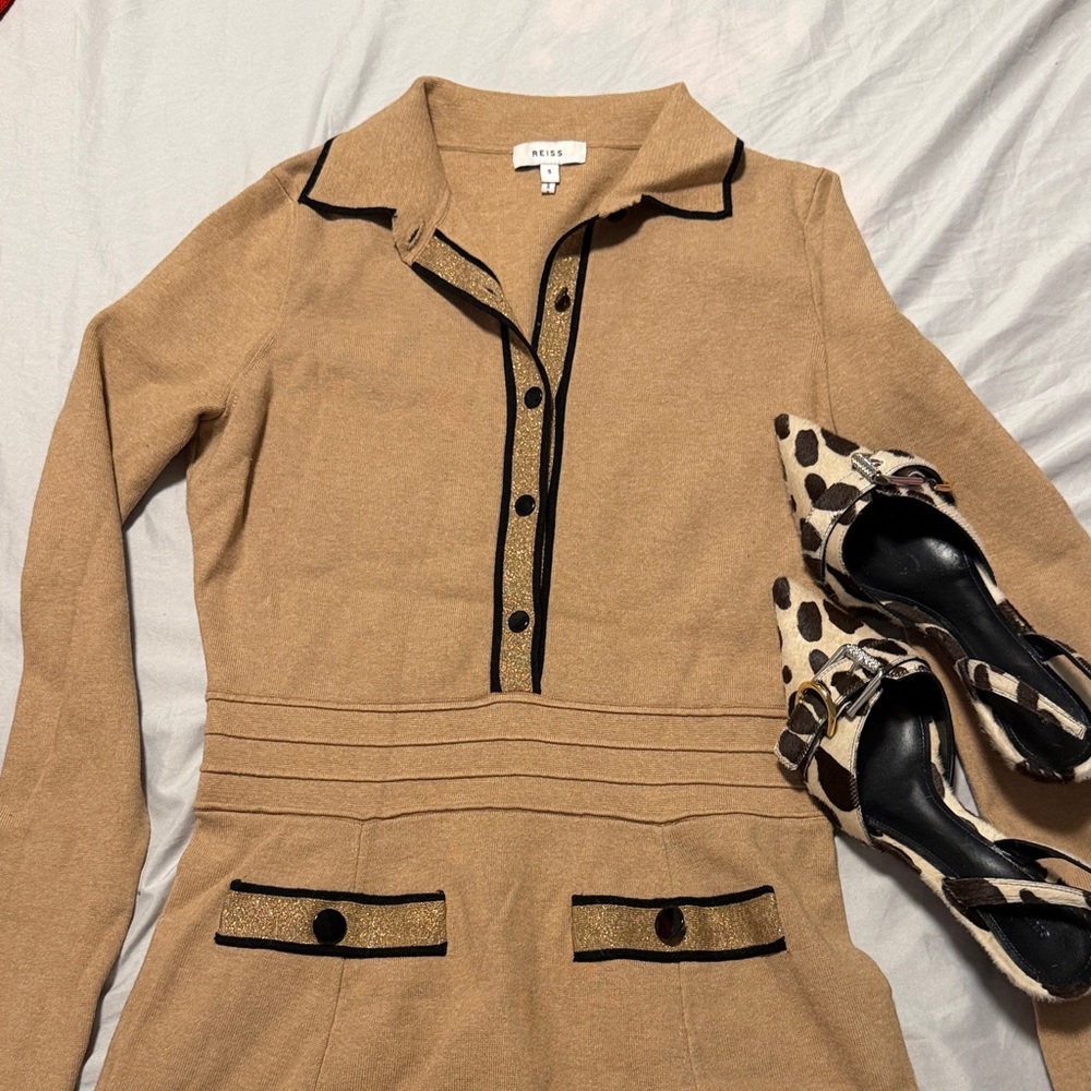 Reiss Camel Long Sleeve Dress with gold and black Accents